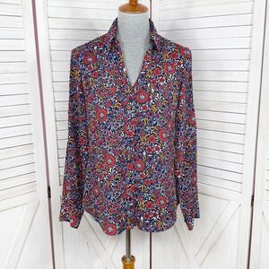 Express Floral Portofino Shirt Three Quarter Button Blouse Blue Red Small